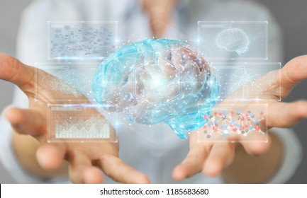 Businesswoman on blurred background using digital 3D projection of a human brain 3D rendering
