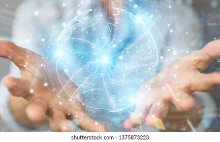 Businesswoman on blurred background using Europe map globe network hologram 3D rendering - Shutterstock ID 1375873223