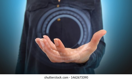 Businesswoman on blurred background using new futuristic energy power source