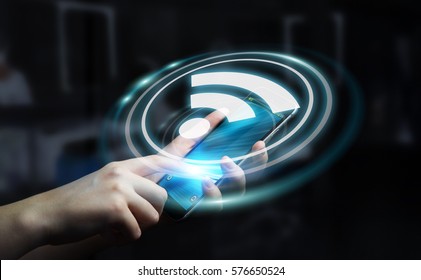 Businesswoman On Blurred Background Using Free Wifi Hotspot Interface 3D Rendering