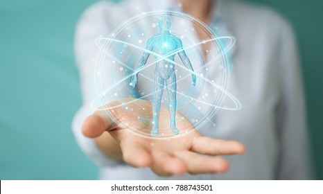 Businesswoman on blurred background using digital x-ray human body scan interface 3D rendering