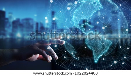 Businesswoman on blurred background using USA world map interface 3D rendering