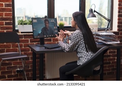 Businesswoman On Online Videocall Conference With Team Leader Regarding Management Strategy. Company Office Worker In Remote Digital Call With Accounting Manager Talking About Business Failure