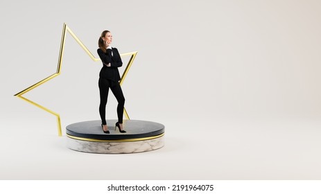 businesswoman on a stage with a golden star in front of light grey background - Shutterstock ID 2191964075