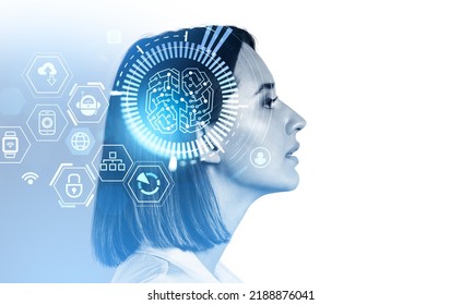 Businesswoman pensive profile portrait, digital hologram with brain hud and different digital icons. Concept of technology and machine learning