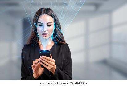 Businesswoman with phone in hands, biometric verification and face detection. Unlocking smartphone with facial scanner. Concept of face id and high tech technology - Shutterstock ID 2107843007