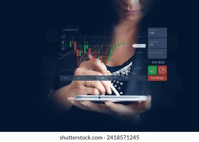 Businesswoman planning and strategy, Stock market, Business growth, progress or success concept. Showing a growing virtual hologram stock, invest in trading. - Powered by Shutterstock