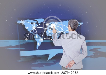 Businesswoman pointing against digital speech box showing world connections coming from world map