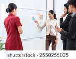 Businesswoman pointing towards graph and giving presentation explaining the idea to her business colleagues in the office. Group of Asian businesspeople brainstorm and work as team