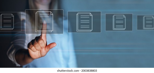 Businesswoman pointing virtual modern screen with Document Management System (DMS). Automation software to archiving and efficiently manage  and information files. Internet 