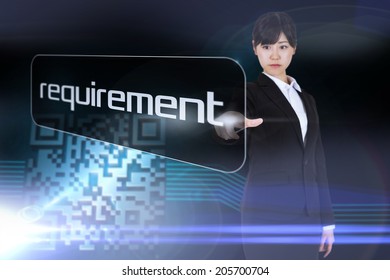 Businesswoman pointing to word requirement against shiny barcode on black background