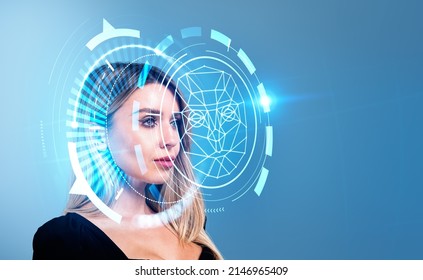 Businesswoman Portrait And Digital Biometric Scanning. Face Detection And Recognition. Concept Of Face Id And Machine Learning.