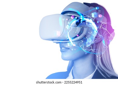 Businesswoman portrait profile silhouette in vr glasses. Double exposure with earth sphere hud, web lines hologram and big data blocks. Concept of virtual reality. Copy space