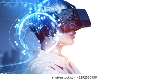 Businesswoman portrait profile silhouette in vr glasses. Double exposure with earth sphere, tech lines hologram and global connection. Concept of virtual reality. Copy space