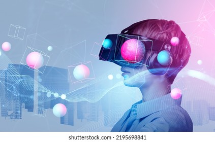 Businesswoman portrait profile in vr glasses and headphone, working in metaverse with data spheres and blocks, business skyscrapers silhouette. Concept of virtual world - Powered by Shutterstock - Get 15% off with code: PIKWIZARD15