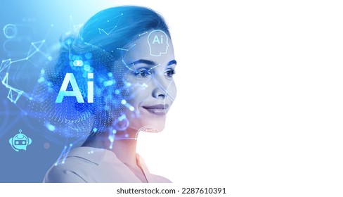 Businesswoman portrait silhouette and AI hologram with connection lines on white background. Artificial intelligence and smart technology. Concept of chatbot and machine learning. Copy space