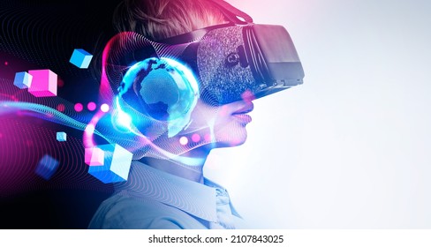 Businesswoman portrait in vr glasses headset, cyber world and digital data. Metaverse, blockchain technology. Concept of future and alternate reality - Shutterstock ID 2107843025