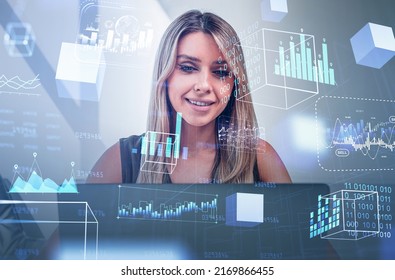 Businesswoman portrait working with laptop. Digital hologram with stock market chart, binary and floating blocks. Concept of blockchain and mining