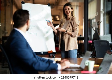 Businesswoman present her idea to working team. Young beautiful woman presenting businessplan. - Shutterstock ID 2140399741
