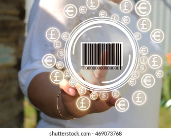 Businesswoman pressing barcode of a product on the touch panel. Barcode and the dollar, the Euro, the currency network. Web icons.