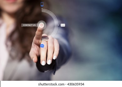 Businesswoman Pressing Contact Us Button On Virtual Touch Screen. Customer Service Concept.