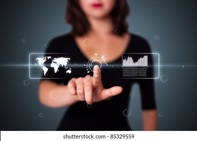 Businesswoman pressing high tech type of modern buttons on a virtual background - Powered by Shutterstock