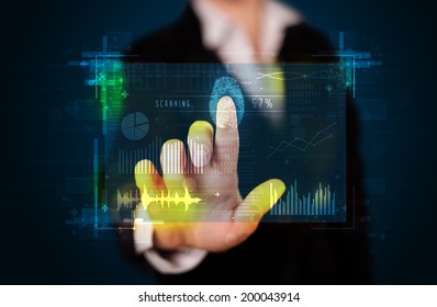 Businesswoman pressing modern technology panel with finger print reader 