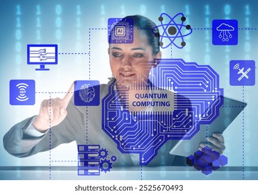 Businesswoman pressing virtual button in quantum computing conce