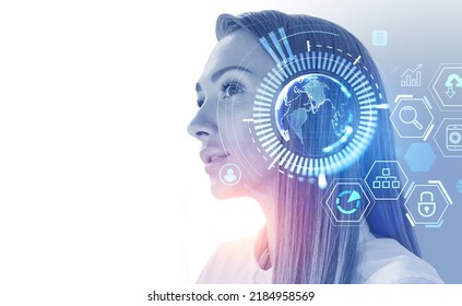 Businesswoman profile with earth globe and digital connection hologram, data icons. Metaverse and social marketing. Concept of global internet and worldwide network