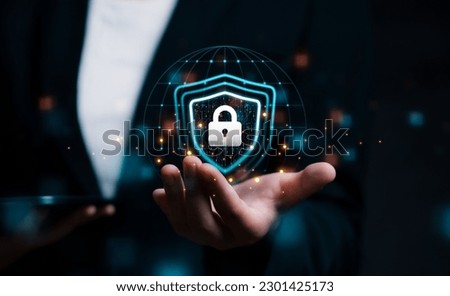 Businesswoman protect digital data asset and online transaction from dangerous and incorrect data connection, network attack , finance transaction internet banking, technology and cyber security. 