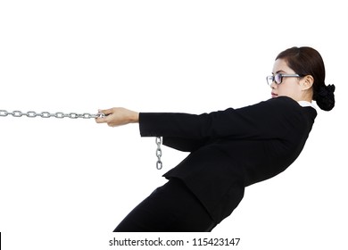 Businesswoman Is Pulling Silver Chain And Is Taking Control