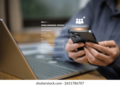 Businesswoman registering a new online account using mobile signup form. Digital identity creation, user registration, technology, and secure online access concept. - Powered by Shutterstock - Get 15% off with code: PIKWIZARD15