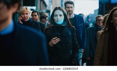 Businesswoman Scanned and Tracked with Technology Walking on Busy Urban City Street. CCTV AI Facial Recognition Big Data Analysis Interface Scanning, Showing Personal Information.
