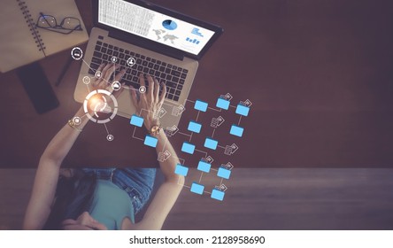 Businesswoman share, backup, download, upload, manage data.
Document management concept on smartphones and laptops. Huge online document database - Shutterstock ID 2128958690