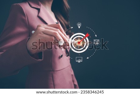 Businesswoman showing business process management icons. Concept of achieving business goal, strategic, planning, work performance is influenced by skills, abilities, competence.