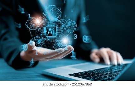 Businesswoman showing connect to blockchain global networking, Token money bank bitcoin, cloud data network connect, artificial intelligence, cyber security binary coded, Blockchain technology concept