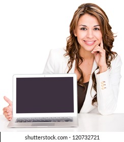 Businesswoman showing a laptop screen - isolated over a white background