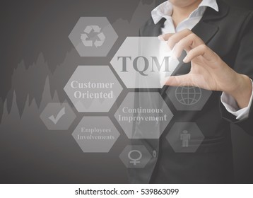 businesswoman showing presentation Total Quality Management on black background. concept for use in manufacturing(Training and Presentation) - Shutterstock ID 539863099