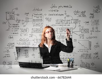 Businesswoman sitting at a desk in front of a laptop and drawing some schemes