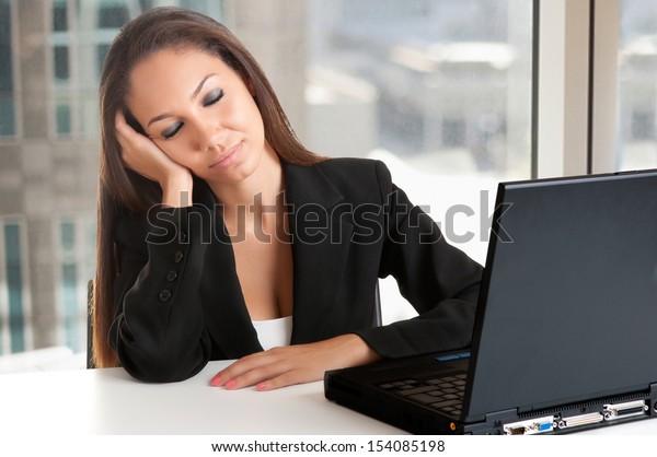 Businesswoman Sitting Her Desk Tired Sleepy Stock Image Download Now