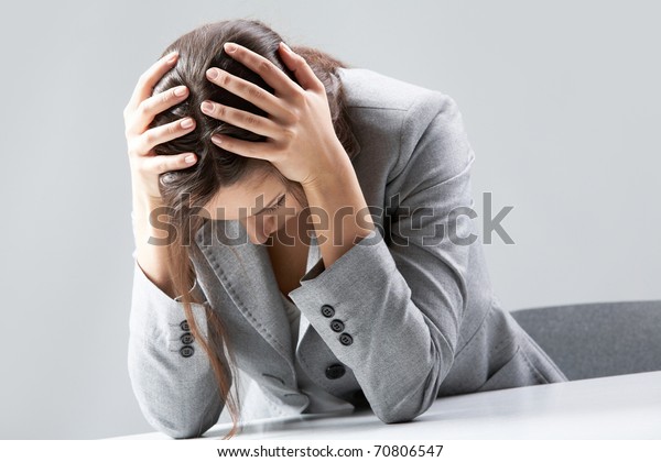 Businesswoman Sitting Table Holding Head Hands Stock Photo (Edit Now ...