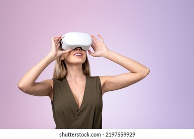 Businesswoman Smiling Portrait, Working In Vr Glasses On Lilac Background. Concept Of Metaverse And Futuristic Technology. Copy Space