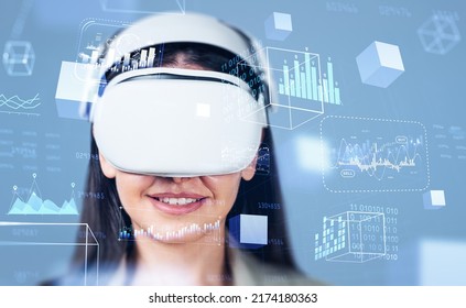 Businesswoman smiling in vr glasses headset. Digital hologram with forex diagrams, binary and floating data blocks. Concept of information fields