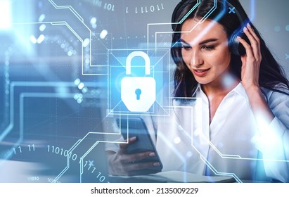 Businesswoman smiling, work with smartphone and listen to podcast. Digital technology and binary coding. Concept of cybersecurity and education - Powered by Shutterstock