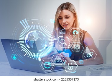 Businesswoman smiling and working with phone, laptop on office desk. Earth globe with digital connection hologram, data icons hud. Metaverse and social marketing. Concept of global internet