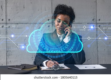 Businesswoman Speaks Phone And Cloud Storage Technology Hologram. Double Exposure. Internet Server Concept.