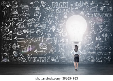 Businesswoman Standing In Front Of Blackboard With Many Business Icons, Big Light Bulb In Front. Back View. Concept Of Having New Idea.