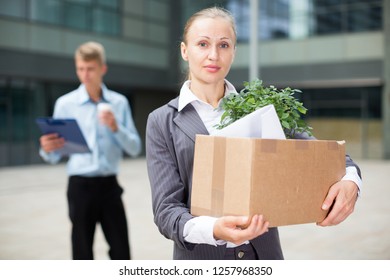 Businesswoman Is Standing Happy Near Office Because She Leave Bad Job.
