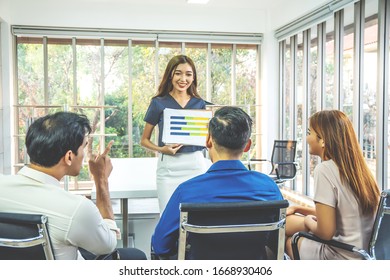 Businesswoman standing and leading business presentation. Female executive putting his ideas during presentation to plan projects for business and organization development to be successful