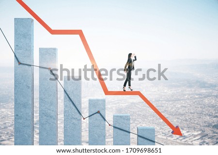 Businesswoman standing on business chart with downtrend graph on city background. Trade 2020 crisis concept